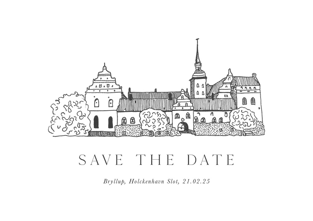 
                Save the Date kort med smuk illustration af Holckenhavn Slot. Brug bagsiden af kortet til flere praktiske oplysninger. Til designet kommer også matchende elementer i form af velkomstskilt, salmehæfte, bordoversigt, menukort, bordkort, drinkskort, takkekort, invitation mm. således I kan skabe en rød tråd for dagen.                